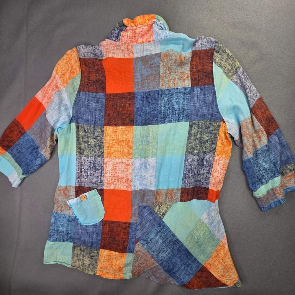 Terra Shirt Womens L Colorful Patchwork Wire Ruffle Collar Boho Tunic SJ Apparel - Picture 8 of 15